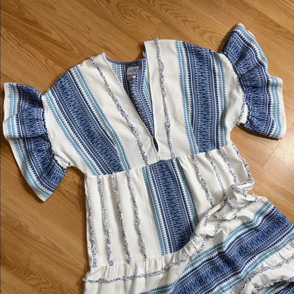 Saylor X Revovle White blue ruffle sleeve midi dress Coastal Midi Boho Size L - Picture 3 of 12